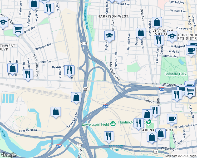 map of restaurants, bars, coffee shops, grocery stores, and more near 582 West Goodale Street in Columbus