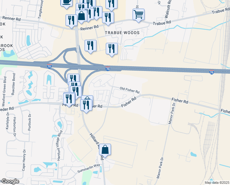 map of restaurants, bars, coffee shops, grocery stores, and more near 1120 Carriage Knoll Lane in Columbus