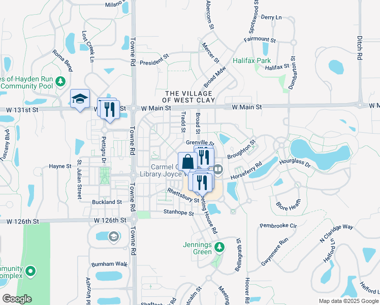map of restaurants, bars, coffee shops, grocery stores, and more near 2101 Grenville Street in Carmel