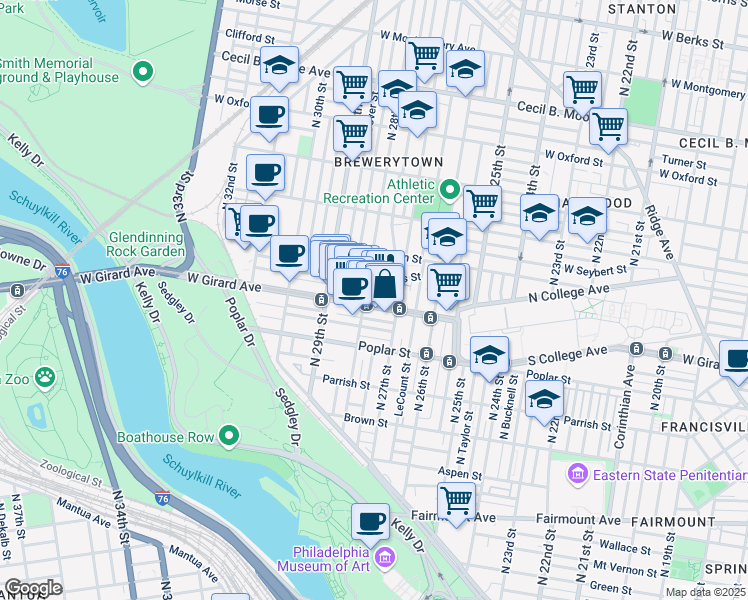 map of restaurants, bars, coffee shops, grocery stores, and more near 2729 West Girard Avenue in Philadelphia