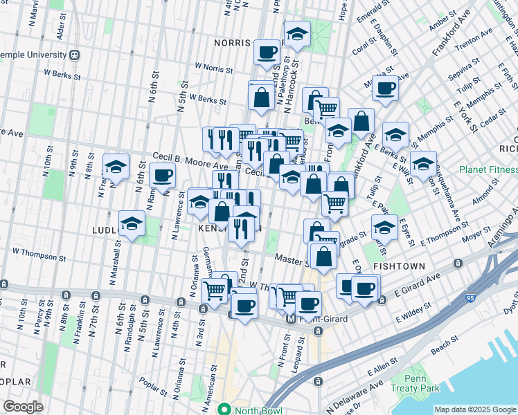 map of restaurants, bars, coffee shops, grocery stores, and more near 1533 North 2nd Street in Philadelphia