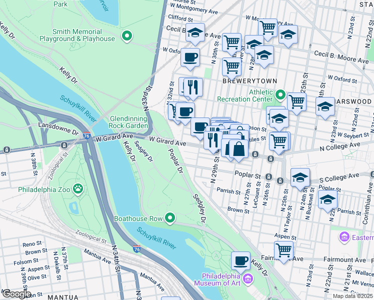 map of restaurants, bars, coffee shops, grocery stores, and more near 3035 West Harper Street in Philadelphia