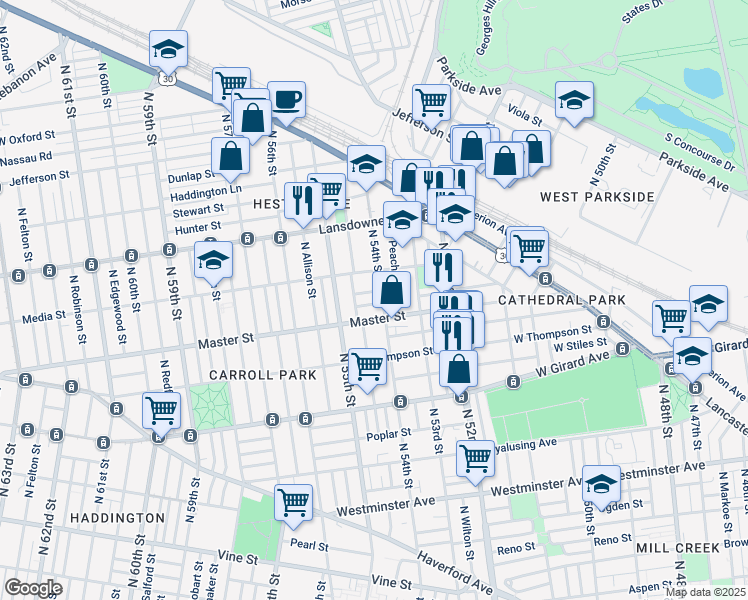 map of restaurants, bars, coffee shops, grocery stores, and more near 5407 Harlan Street in Philadelphia