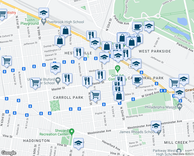 map of restaurants, bars, coffee shops, grocery stores, and more near 5407 Harlan Street in Philadelphia
