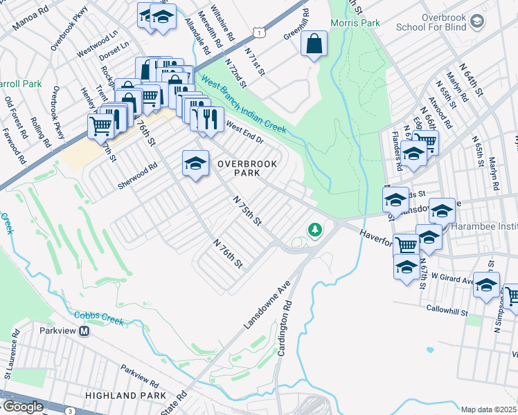 map of restaurants, bars, coffee shops, grocery stores, and more near 7443 Ruskin Road in Philadelphia
