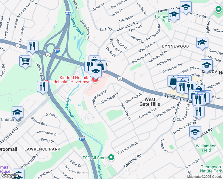 map of restaurants, bars, coffee shops, grocery stores, and more near 1852 Windsor Park Lane in Havertown