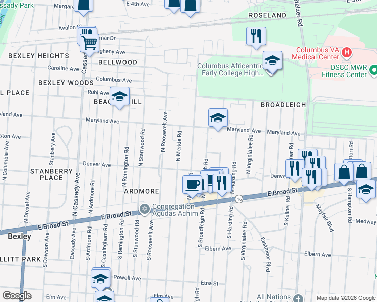 map of restaurants, bars, coffee shops, grocery stores, and more near 185 North Gould Road in Columbus