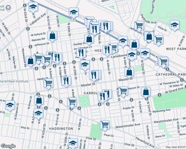 map of restaurants, bars, coffee shops, grocery stores, and more near 1456 North 57th Street in Philadelphia