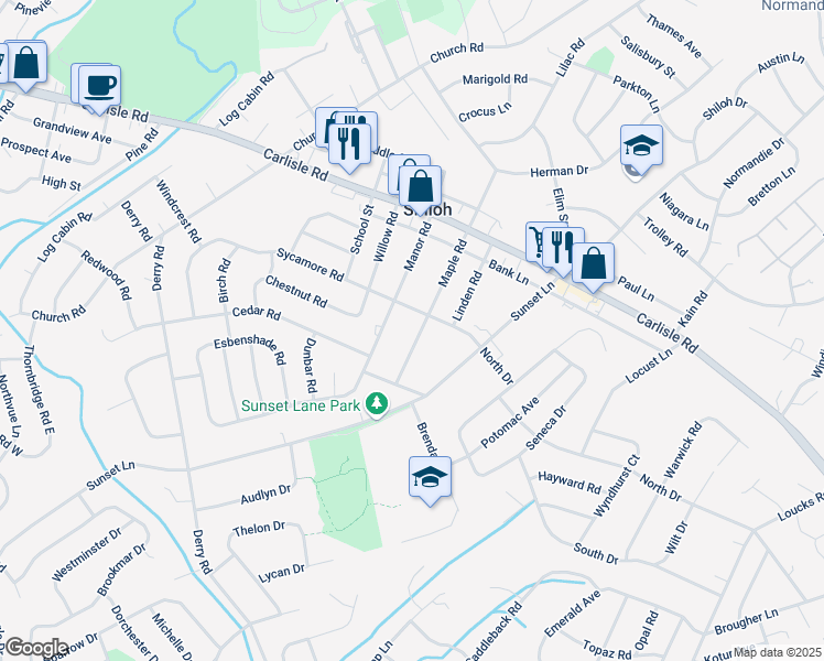 map of restaurants, bars, coffee shops, grocery stores, and more near 2327 Maple Road in York