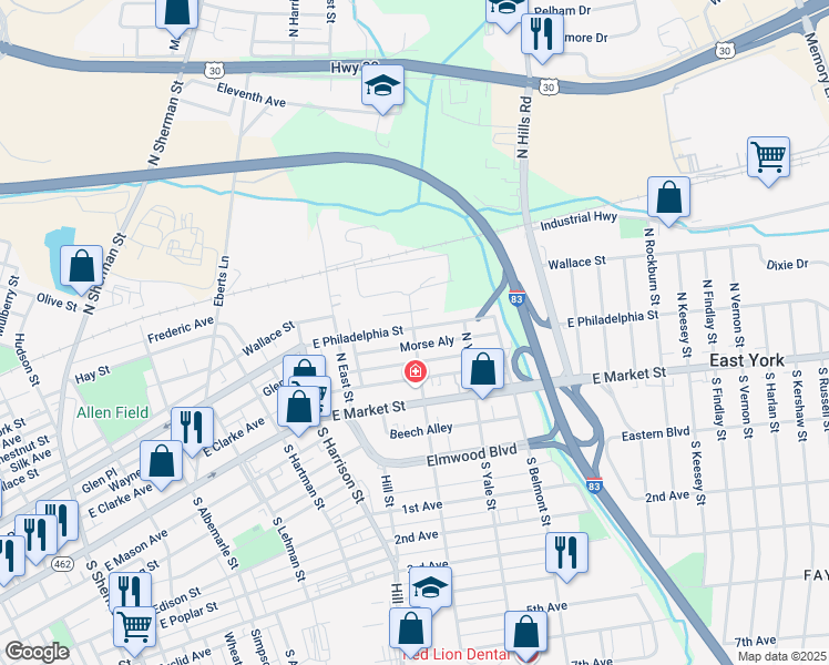 map of restaurants, bars, coffee shops, grocery stores, and more near 1492 East Philadelphia Street in York