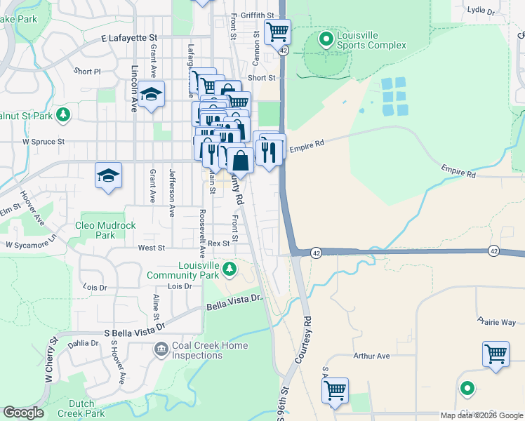 map of restaurants, bars, coffee shops, grocery stores, and more near 533 East Street in Louisville