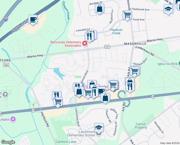 map of restaurants, bars, coffee shops, grocery stores, and more near 200 Saxony Drive in Mount Laurel