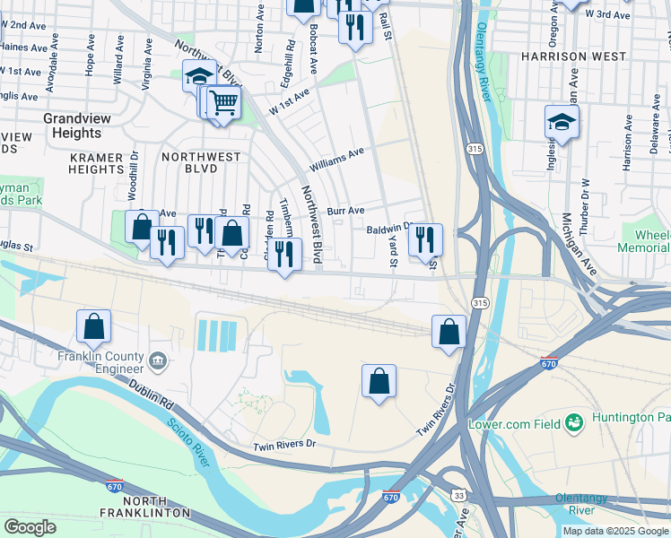 map of restaurants, bars, coffee shops, grocery stores, and more near 950 Goodale Boulevard in Grandview Heights