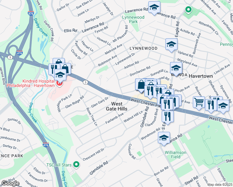 map of restaurants, bars, coffee shops, grocery stores, and more near in Havertown