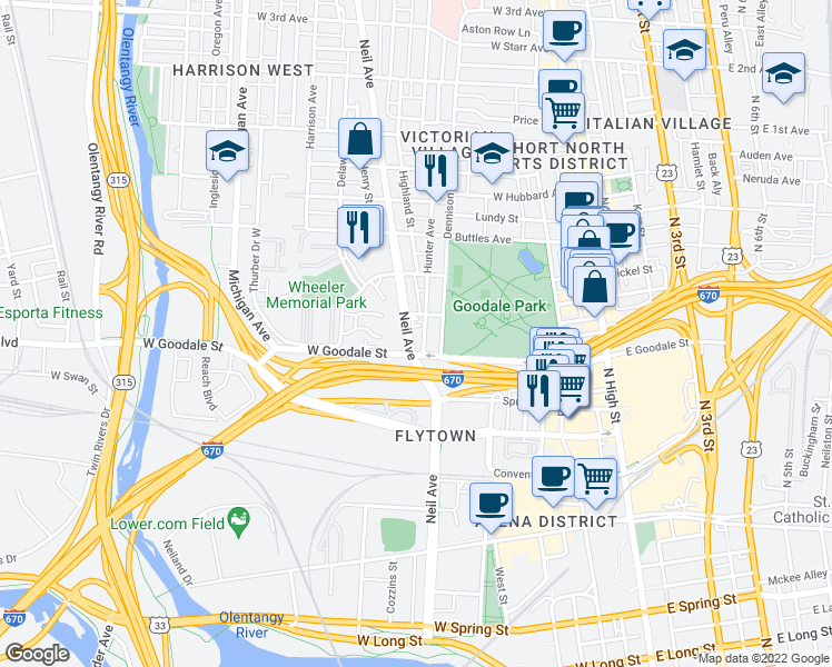 map of restaurants, bars, coffee shops, grocery stores, and more near 636 Neil Avenue in Columbus