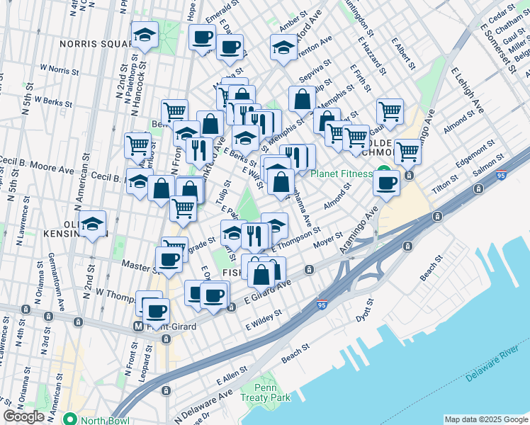 map of restaurants, bars, coffee shops, grocery stores, and more near 607 Belgrade Street in Philadelphia