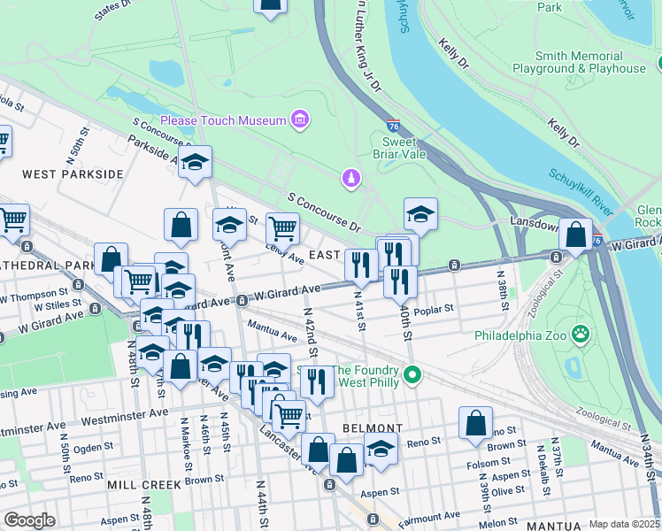 map of restaurants, bars, coffee shops, grocery stores, and more near 4127 Leidy Avenue in Philadelphia