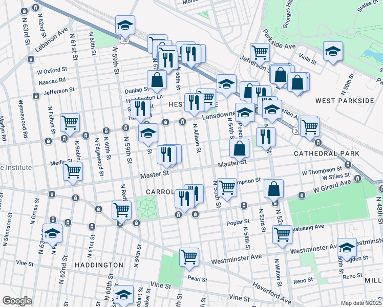 map of restaurants, bars, coffee shops, grocery stores, and more near 1443 North 56th Street in Philadelphia