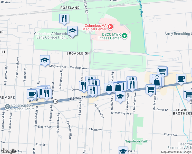 map of restaurants, bars, coffee shops, grocery stores, and more near 3336 Anawanda Avenue in Columbus