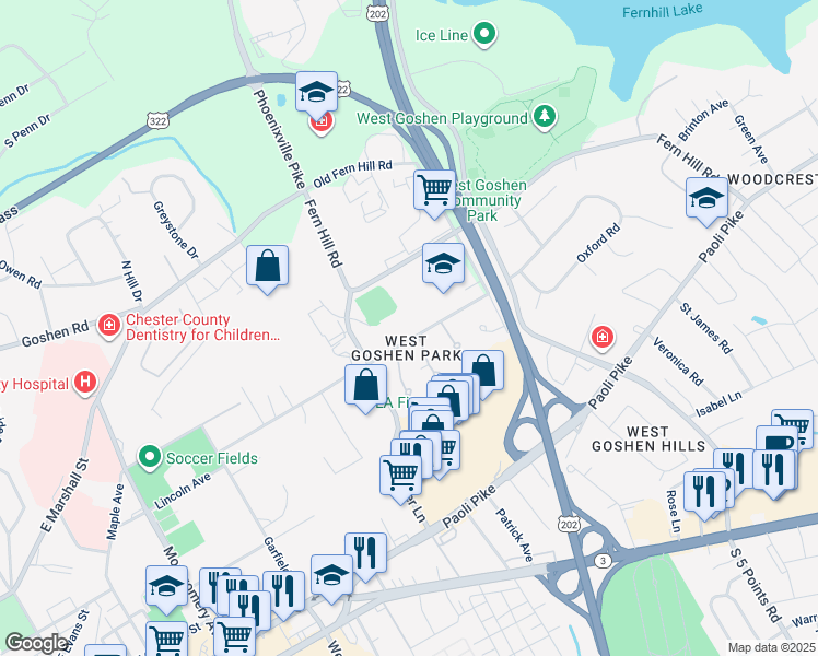 map of restaurants, bars, coffee shops, grocery stores, and more near 911 Lincoln Avenue in West Chester