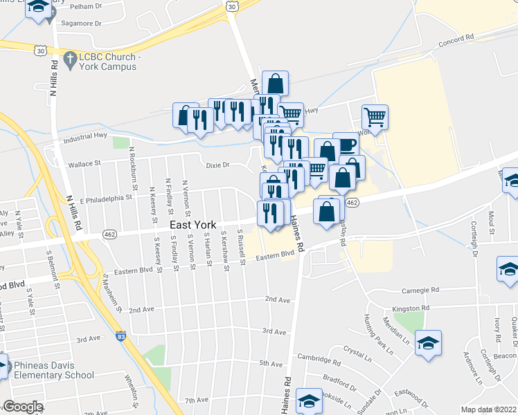 map of restaurants, bars, coffee shops, grocery stores, and more near 15 North Royal Street in York