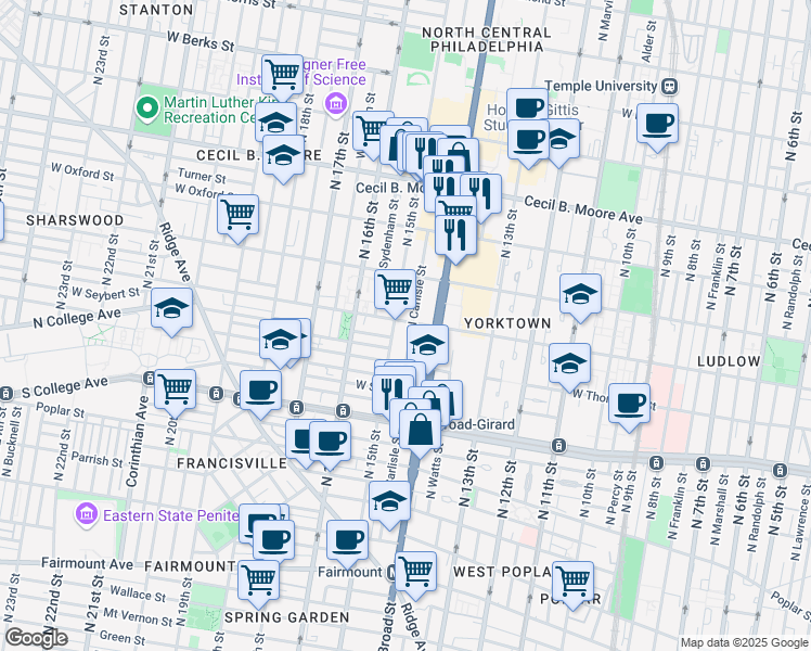 map of restaurants, bars, coffee shops, grocery stores, and more near 1422 Master Street in Philadelphia