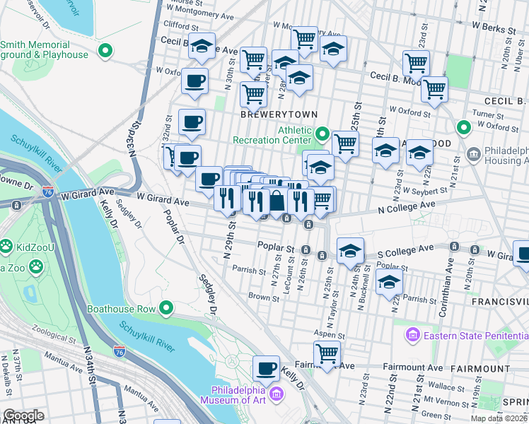 map of restaurants, bars, coffee shops, grocery stores, and more near 2808 West Girard Avenue in Philadelphia