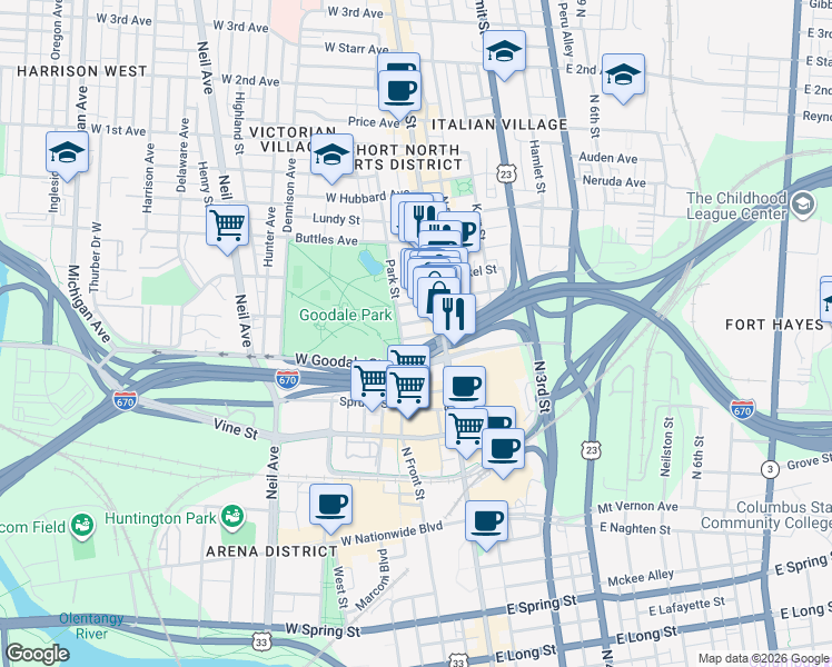 map of restaurants, bars, coffee shops, grocery stores, and more near 34 West Poplar Avenue in Columbus