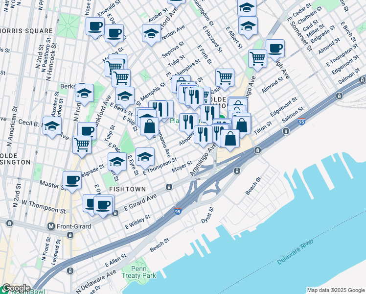 map of restaurants, bars, coffee shops, grocery stores, and more near 847 Mercer Street in Philadelphia