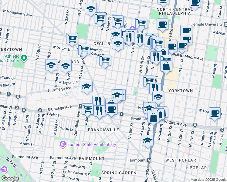 map of restaurants, bars, coffee shops, grocery stores, and more near 1312 North 18th Street in Philadelphia
