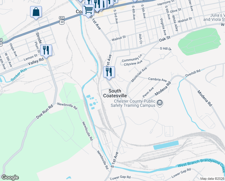 map of restaurants, bars, coffee shops, grocery stores, and more near in South Coatesville