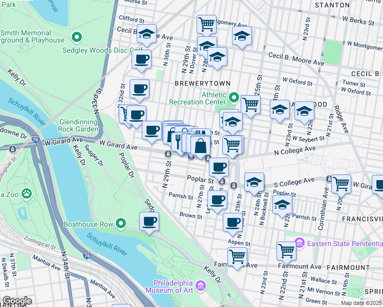 map of restaurants, bars, coffee shops, grocery stores, and more near 2739 West Girard Avenue in Philadelphia