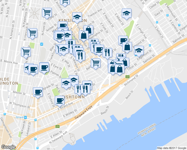 map of restaurants, bars, coffee shops, grocery stores, and more near 847 Mercer Street in Philadelphia