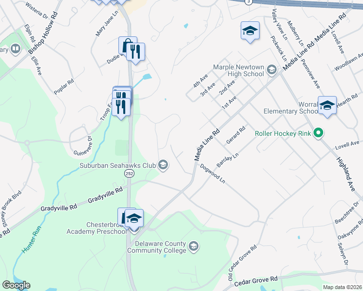 map of restaurants, bars, coffee shops, grocery stores, and more near 537 Dogwood Place in Newtown Square