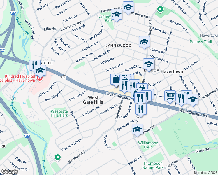 map of restaurants, bars, coffee shops, grocery stores, and more near 1519 Brierwood Road in Havertown
