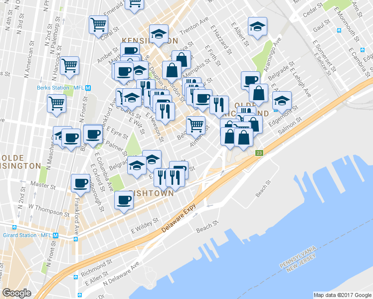 map of restaurants, bars, coffee shops, grocery stores, and more near 832 Almond Street in Philadelphia