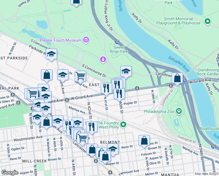 map of restaurants, bars, coffee shops, grocery stores, and more near 4046 Parkside Avenue in Philadelphia