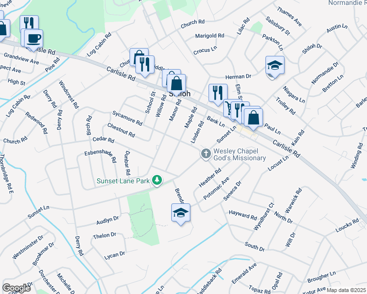 map of restaurants, bars, coffee shops, grocery stores, and more near 2080 Sycamore Road in York