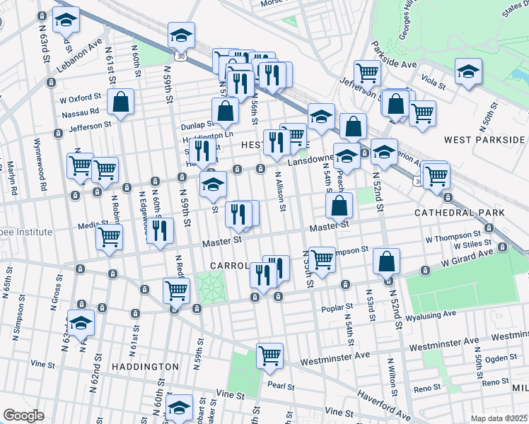 map of restaurants, bars, coffee shops, grocery stores, and more near 1450 North 56th Street in Philadelphia