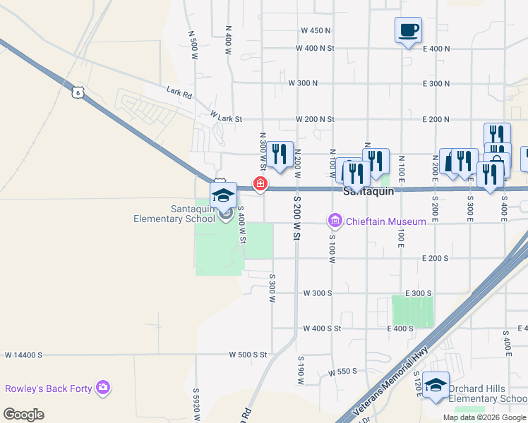 map of restaurants, bars, coffee shops, grocery stores, and more near 67 South 300 West in Santaquin
