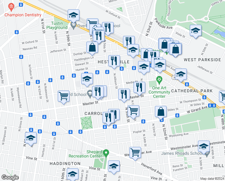 map of restaurants, bars, coffee shops, grocery stores, and more near 1445 North 56th Street in Philadelphia