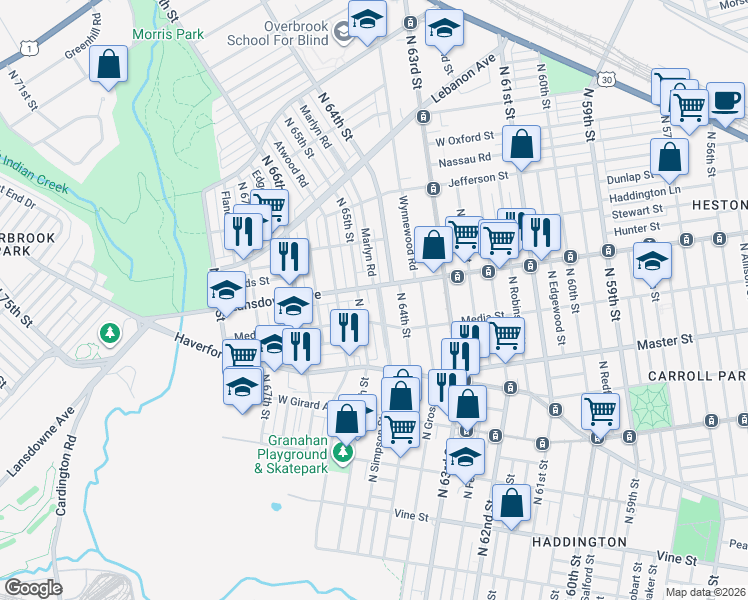 map of restaurants, bars, coffee shops, grocery stores, and more near 6437 Lansdowne Avenue in Philadelphia
