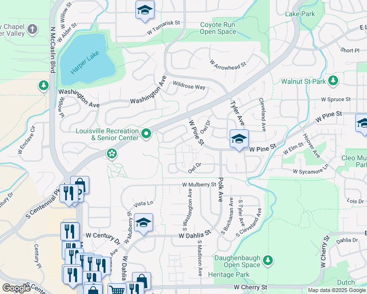 map of restaurants, bars, coffee shops, grocery stores, and more near 420 Owl Drive in Louisville