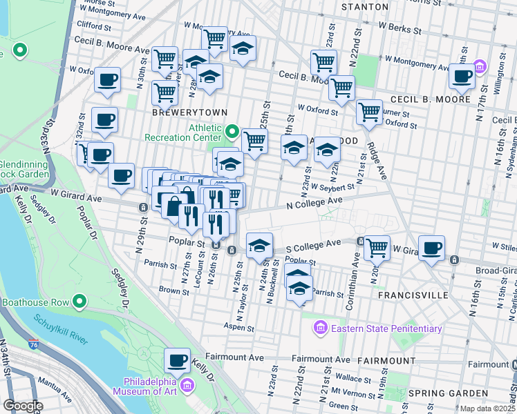 map of restaurants, bars, coffee shops, grocery stores, and more near 2425 North College Avenue in Philadelphia