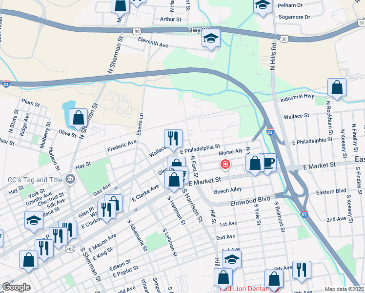 map of restaurants, bars, coffee shops, grocery stores, and more near 214 North East Street in York