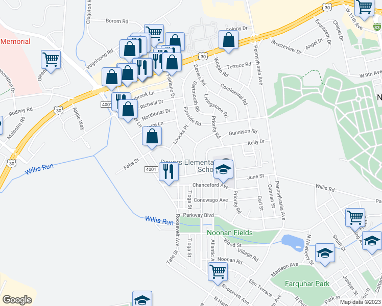 map of restaurants, bars, coffee shops, grocery stores, and more near 828 Gunnison Road in York