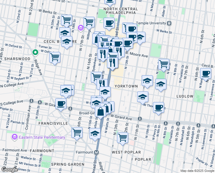 map of restaurants, bars, coffee shops, grocery stores, and more near 1404 North Broad Street in Philadelphia