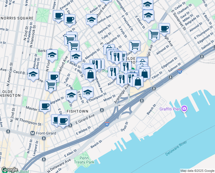 map of restaurants, bars, coffee shops, grocery stores, and more near 832 Almond Street in Philadelphia