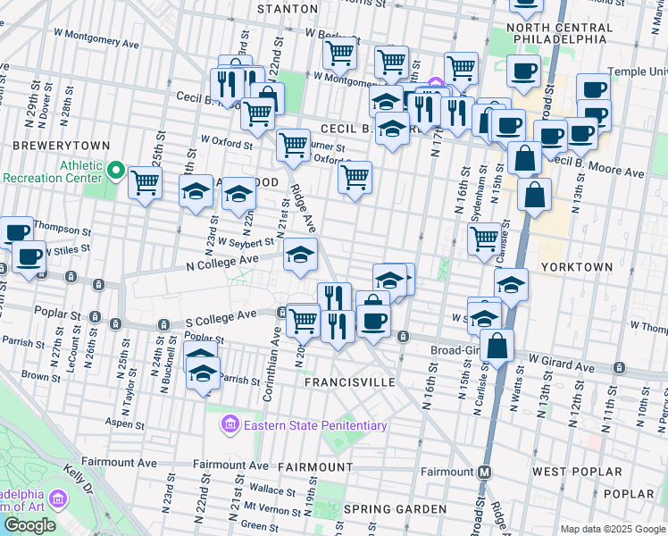 map of restaurants, bars, coffee shops, grocery stores, and more near 1933 Ridge Avenue in Philadelphia