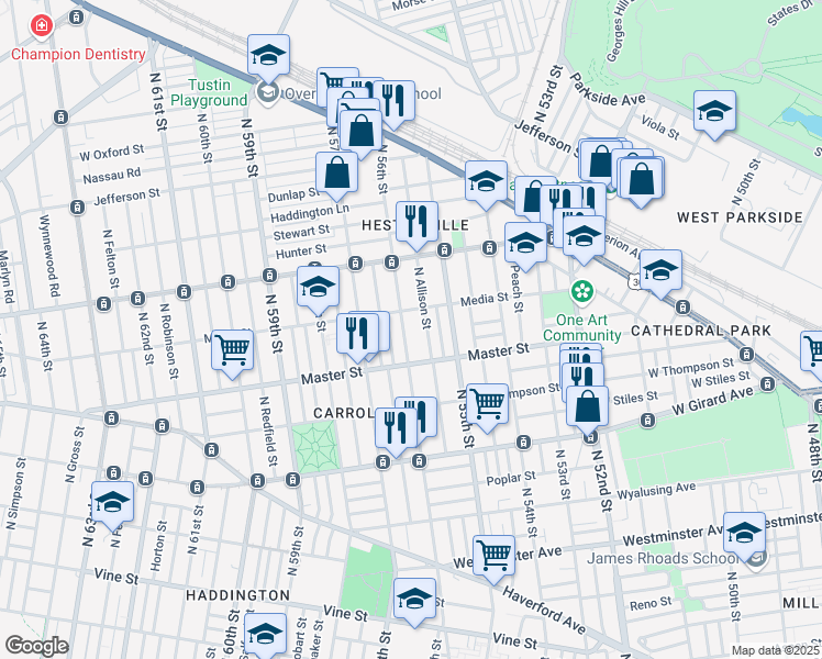 map of restaurants, bars, coffee shops, grocery stores, and more near 1445 North 56th Street in Philadelphia